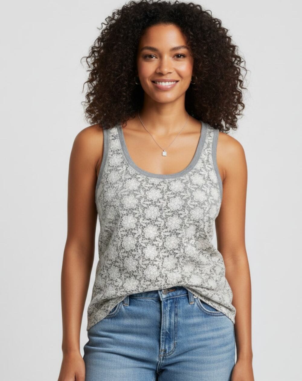 J.CREW GRAY CROCHET LACE FLORAL OVERLAY TANK TOP ACCENT BLOUSE WMNS SIZE XLARGE